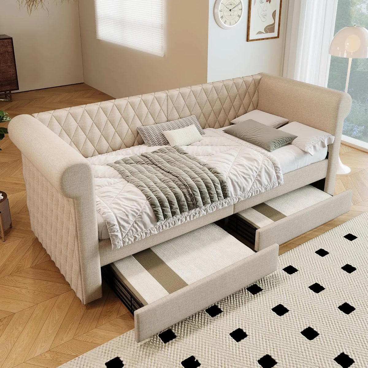 Canapé convertible et canapé-lit — en bois, avec rangement, avec tiroirs, convertible, 2 Tiroirs, 90 × 200, beige, revêtement en tissu