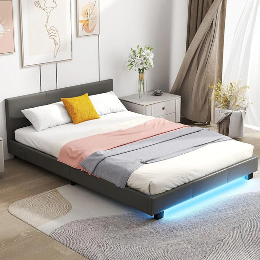 COSTWAY Lit 140x200 cm avec Éclairage LED et Sommier à Lattes: affichage LED, 140 × 200 cm, gris