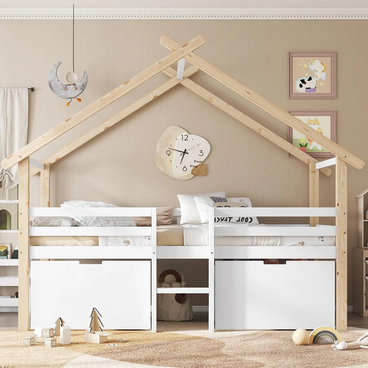 Armoire de rangement – en bois, avec escalier, avec armoire, avec roulettes, 90 × 200 cm, blanc