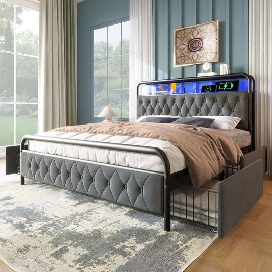 Lit Double 160x200 cm en Velours avec Éclairage LED: APP, avec rangement, avec tiroirs, avec port USB, réglable, 4 Tiroirs, 160 × 200 cm