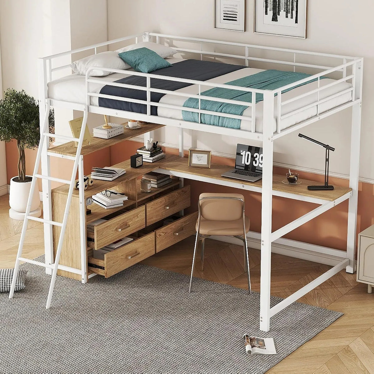 Bureau et table informatique – avec tiroirs, avec bureau, 140 × 200 cm, blanc, revêtement en tissu