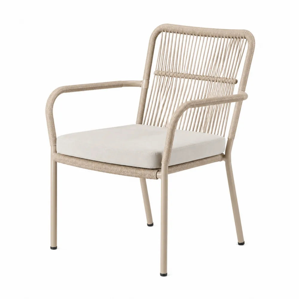 Chaise de jardin avec accoudoirs 58 x 60 x 85 cm en acier thermolaqué beige et corde polyester avec coussin d'assise
