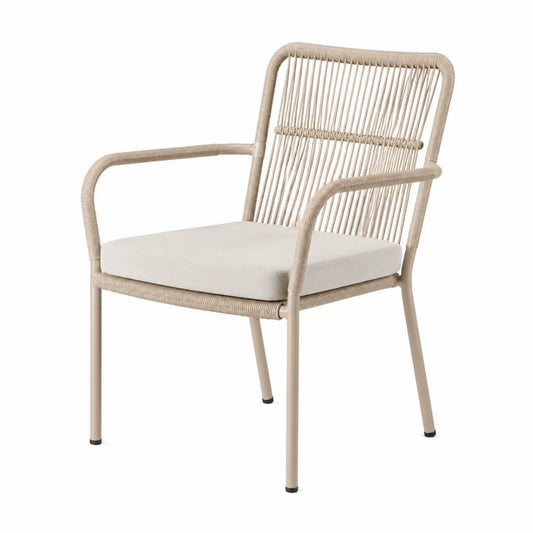 Chaise de jardin avec accoudoirs 58 x 60 x 85 cm en acier thermolaqué beige et corde polyester avec coussin d'assise