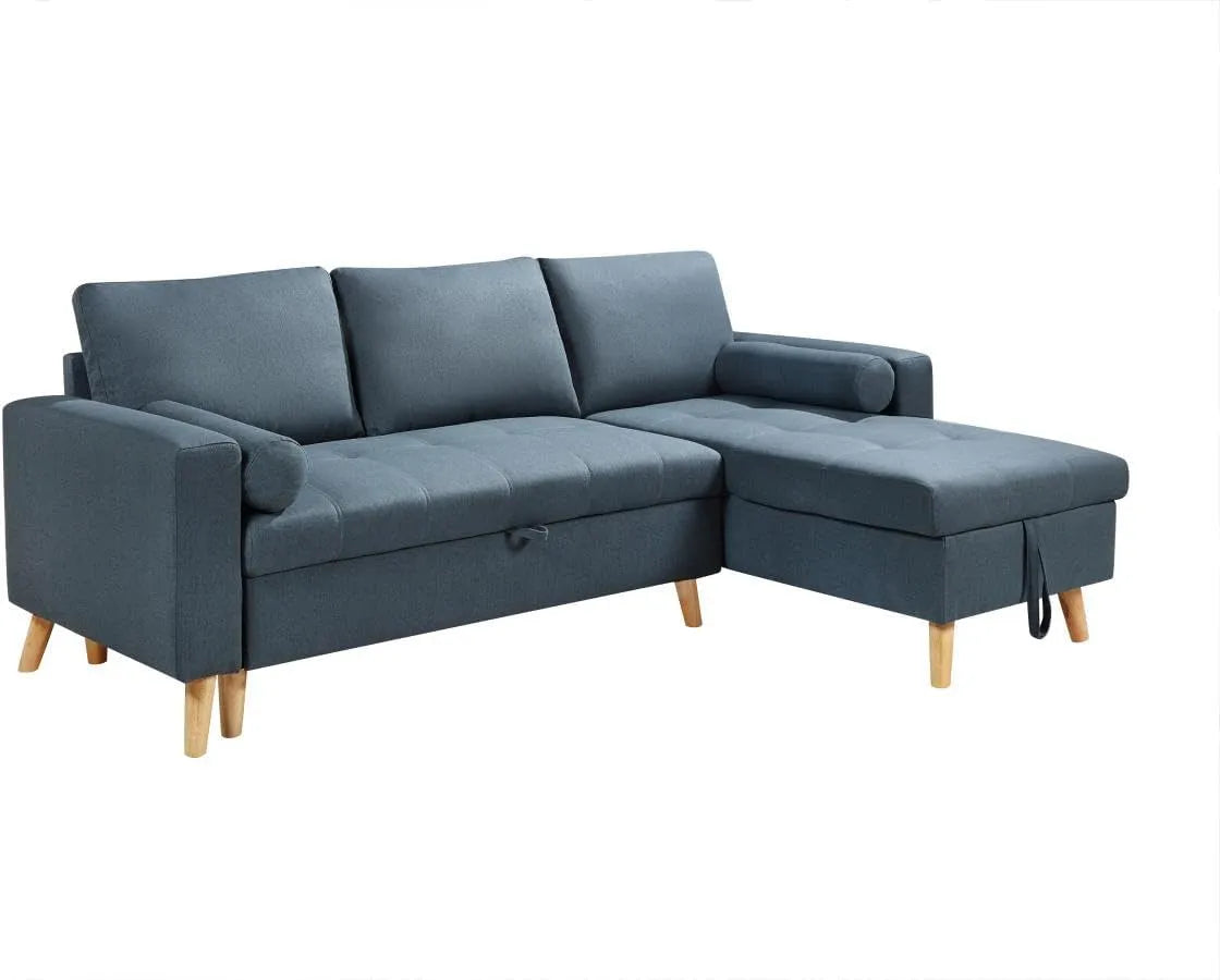 Canapé d'angle et canapé panoramique – KORI, réversible, revêtement en tissu, avec rangement, convertible, bleu, avec rangement intégré