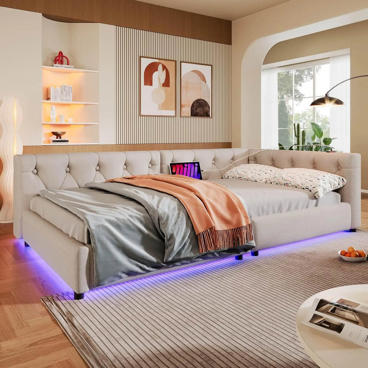 Canapé convertible et canapé-lit: pour enfant, revêtement en tissu, avec port USB, affichage LED, 1 Place, 90 × 200cm, beige