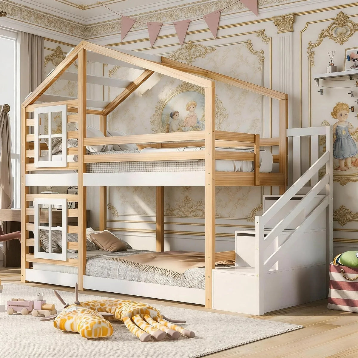 Armoire de rangement: pour enfant, en bois, avec rangement, avec escalier, 90 × 200 cm, en bois massif