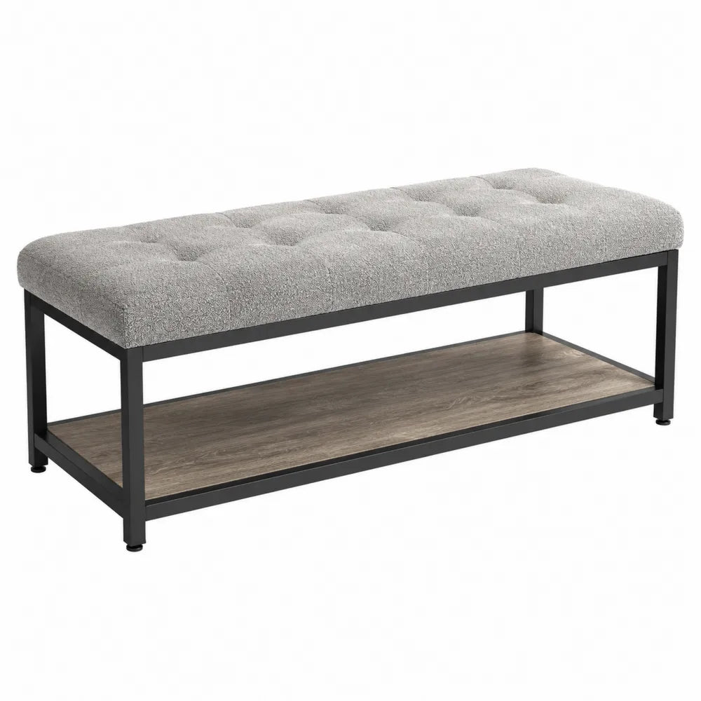 Banc de chambre rectangulaire 100 x 35 x 45 cm assise capitonnée tissu gris avec cadre acier noir et tablette bois