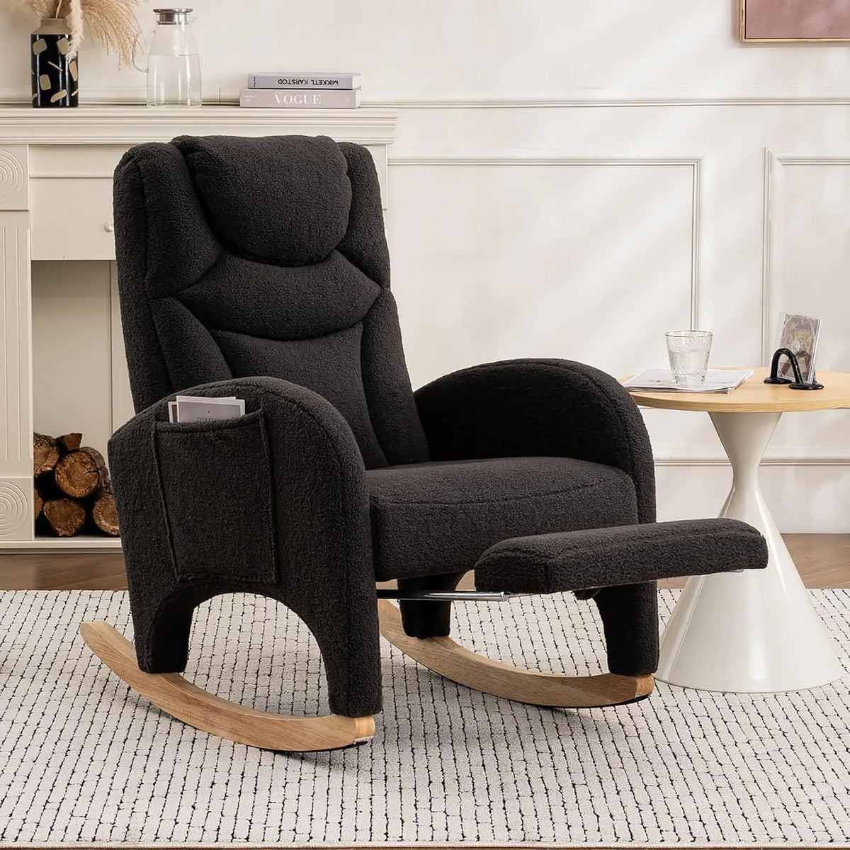 Fauteuil et chaise rembourrée à bascule: revêtement en tissu, en bois, avec rangement, gris