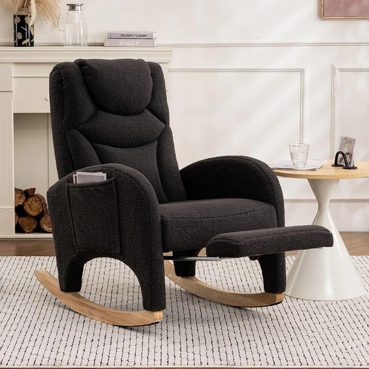 Fauteuil et chaise rembourrée à bascule: revêtement en tissu, en bois, avec rangement, gris