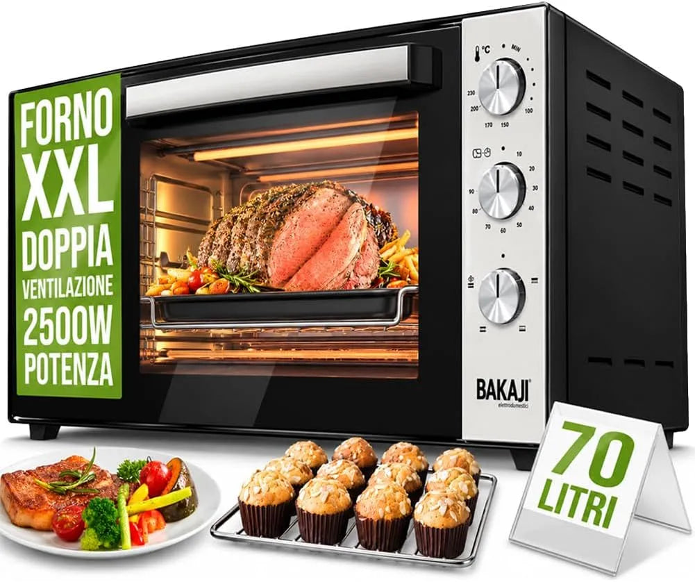 Four électrique, 70 L, 2500 W, 2 zones de température, BAKAJI Four électrique à chaleur tournante xxL Capacité 70 litres Puissance 2500W Température