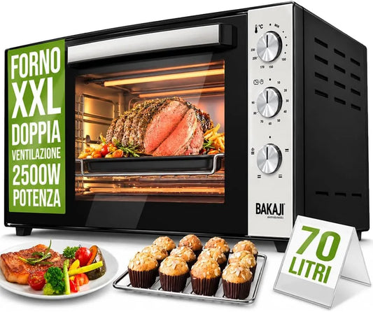 Four électrique, 70 L, 2500 W, 2 zones de température, BAKAJI Four électrique à chaleur tournante xxL Capacité 70 litres Puissance 2500W Température