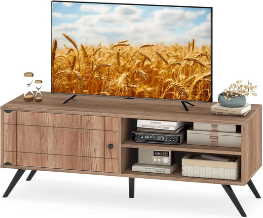 Meuble TV, 55 pouces, décoration de salon, Console TV sur Pieds Hauts avec 2 Étagères Ouvertes, Support Télé pour Salon et Chambre, Armoire à Porte et