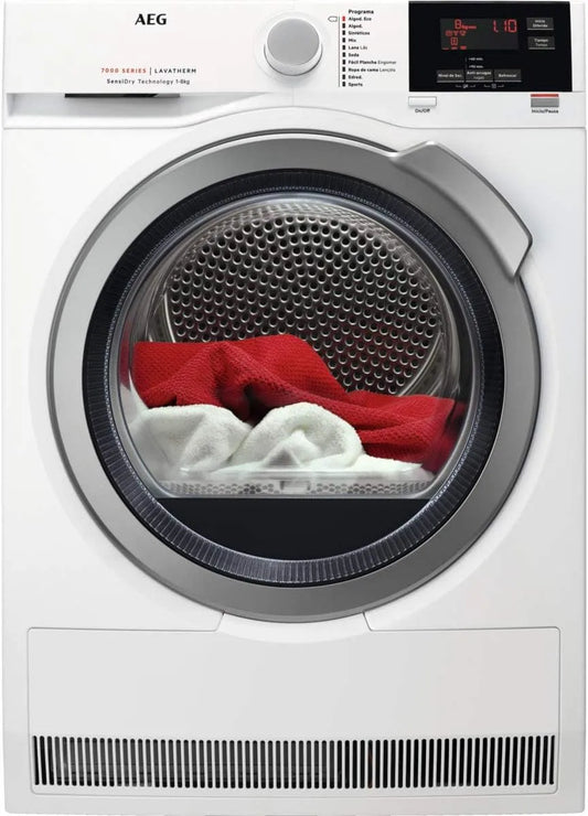 AEG T7DEG844 Sèche-linge, 8 kg, écran LCD, blanc, panneau de commande LCD, série 7000, 8 cycles de séchage, porte xL argenté, moteur inverseur