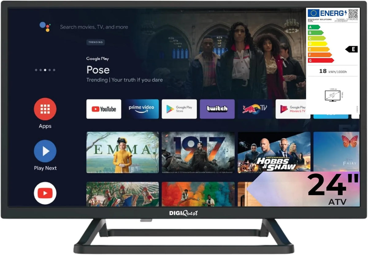 Google Smart TV, 24 pouces, classe énergétique D, téléviseur, Wi-Fi, Android OS, noir, HD Ready, LCN Tivùsat, WiFi, Base Centrale