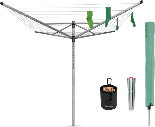 modèle 50m, 50m - Rotation Fluide - Pratique - Douille en Métal à Planter Dans le Sol - Gris Métallique - ø 295cm, Brabantia - Séchoir Lift-O-Matic