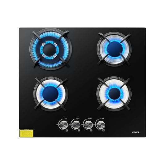 VEVOR Plaque de cuisson à gaz, 60 cm, 4 foyers, encastrable, gril, fonte, table de cuisson à gaz, 8 kW Max, Brûleur à 2 Couronnes Scellé, Sécurité