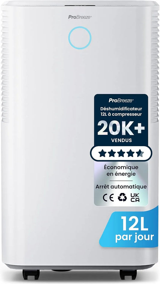 Déshumidificateur, 12 L, minuteur, Mode Nuit & Minuterie 24 heures, jour avec capteur d'humidité automatique, Séchage du linge, Drainage continu