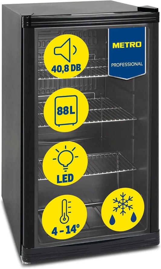 Réfrigérateur GPC1088, 88 L, 43 x 49 x 83 cm, 39 dB, éclairage LED, silencieux, noir, METRO Professional Réfrigérateur à boissons GPC1088, métal