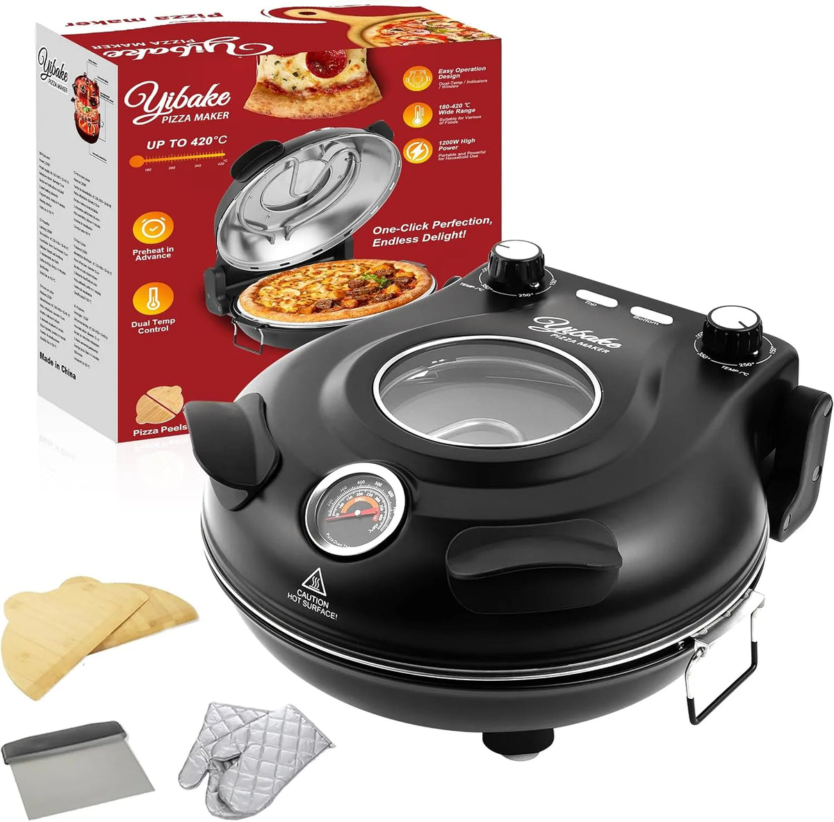 Four électrique à pizza, 31cm, 1200 W, noir, Cuit une Pizza en 4 minutes, Pelle à Pizza, Max 420°C Four a Pizza, 1200W, Grattoir et Recettes inclus
