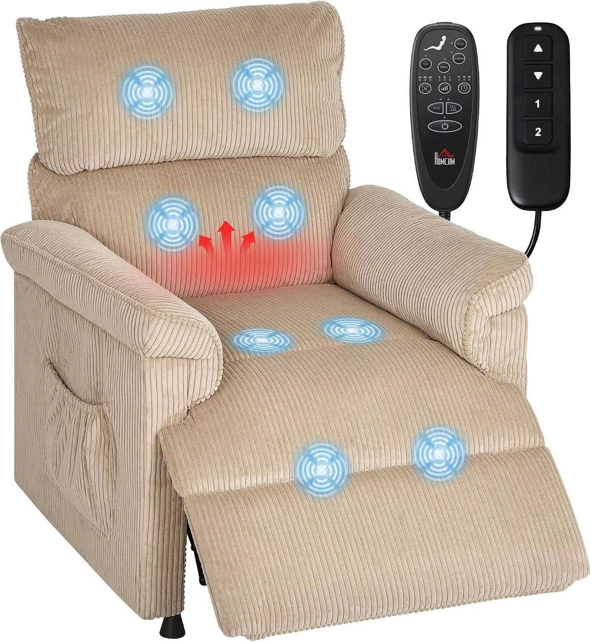 Fauteuil relaxant avec massage, HOMCOM, fonction chauffante, Fauteuil Relax Électrique Massant et Chauffant Velours Côtelé Marron