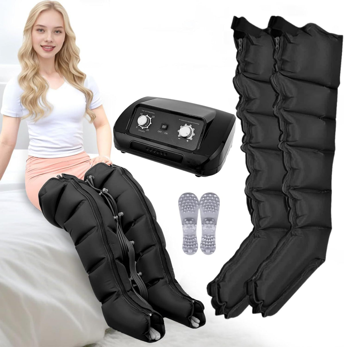 Bottes de pressothérapie pour jambes 6 cavités professionnelles de massage – réglable, usage à domicile, usage professionnel, noir