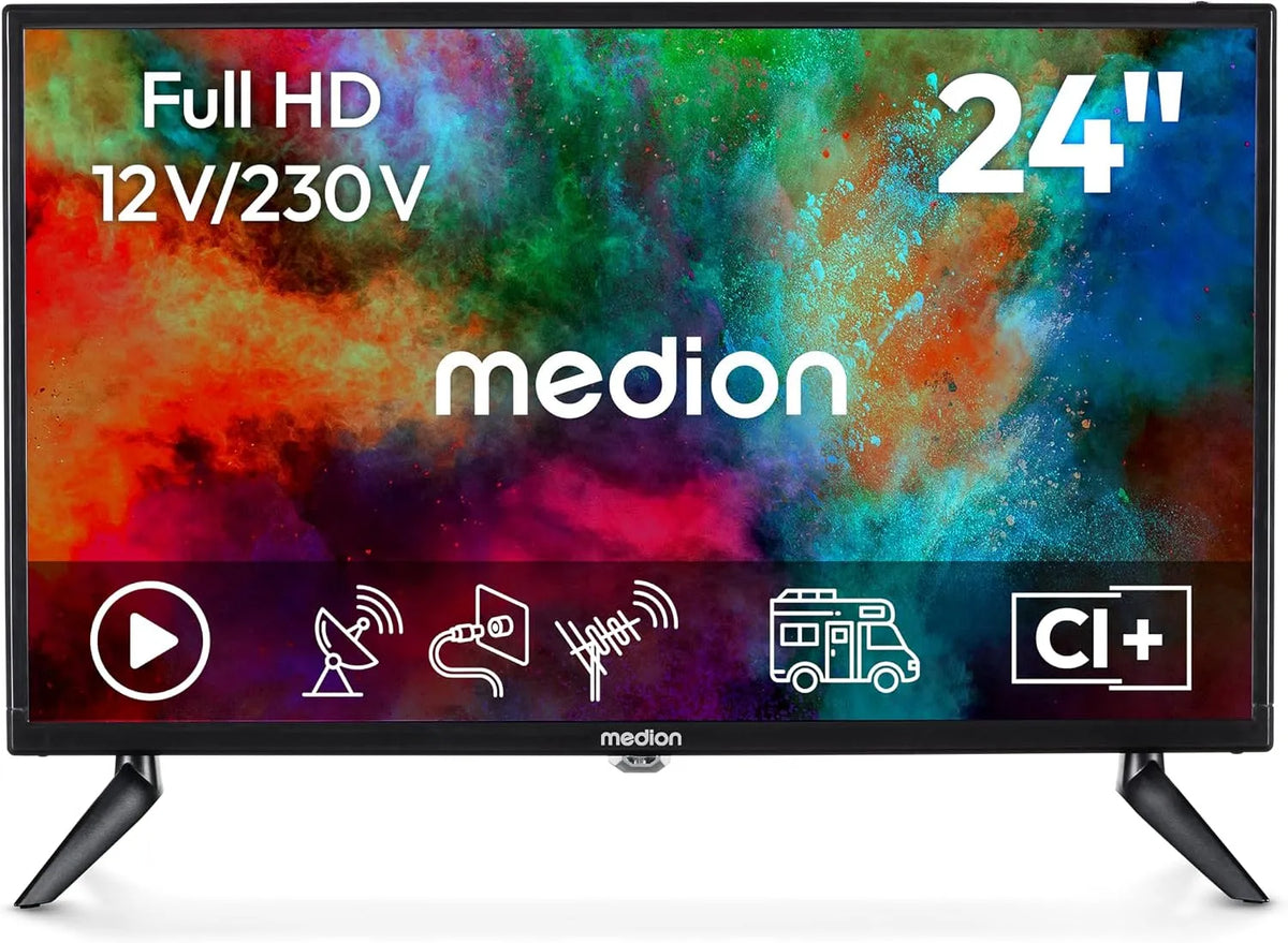 Smart TV, 24 pouces, 12 V, téléviseur, triple tuner DVB-T2, S2, HDMI, USB, Full HD, camping, MD 824000, Adaptateur Voiture 12V, Camping-Car, 9 cm